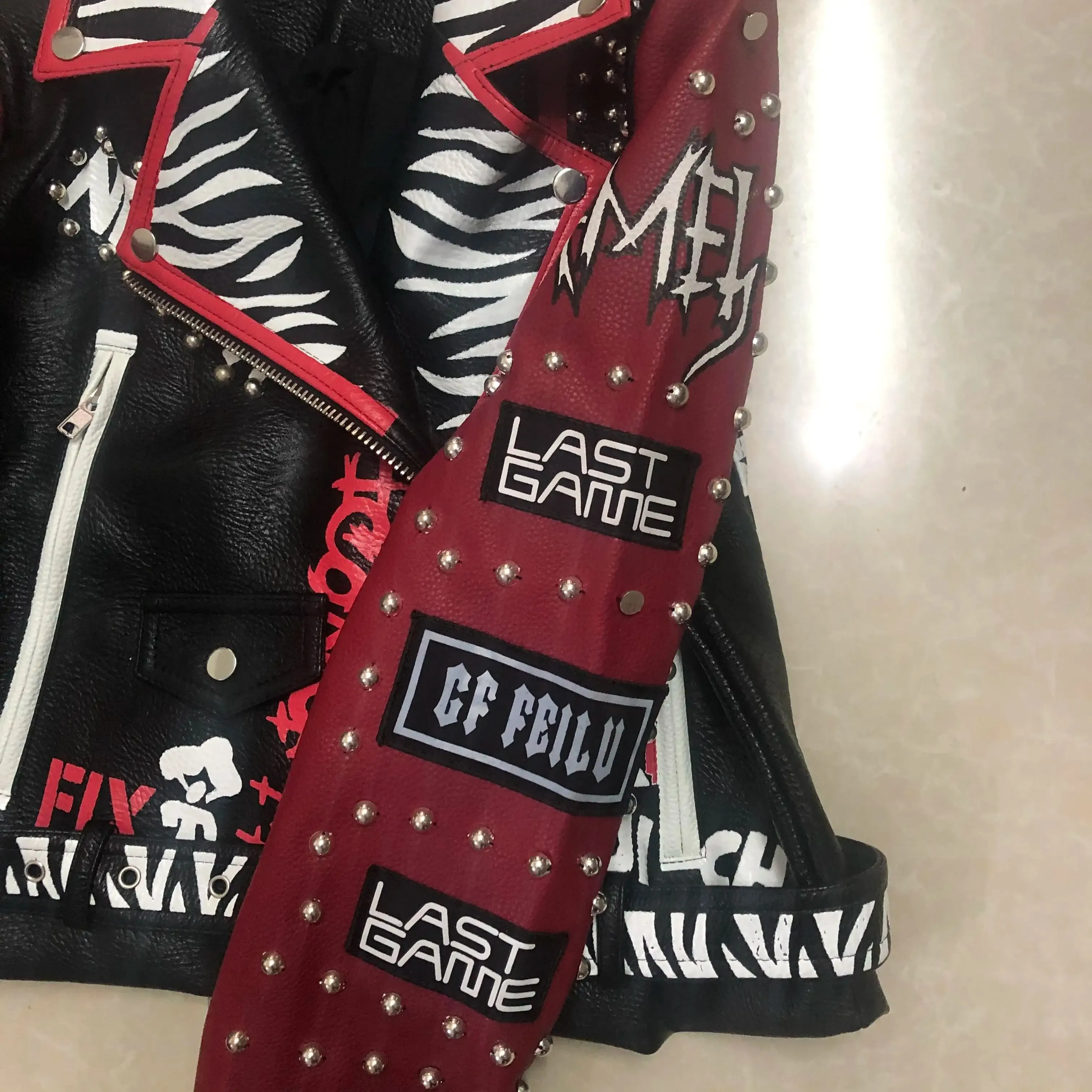 3D Graffiti soft pu leather jackets female cartoon character printed  Jacket rivet beading Punk Rock Cropped leather Outerwear