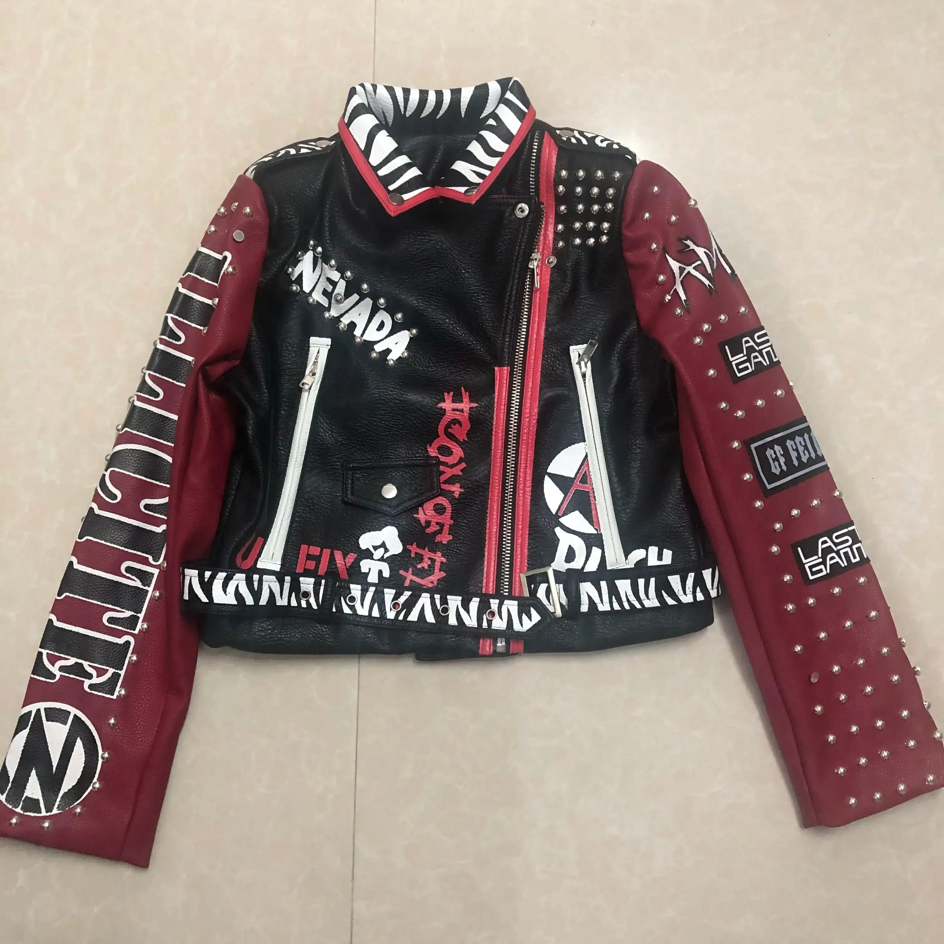 3D Graffiti soft pu leather jackets female cartoon character printed  Jacket rivet beading Punk Rock Cropped leather Outerwear