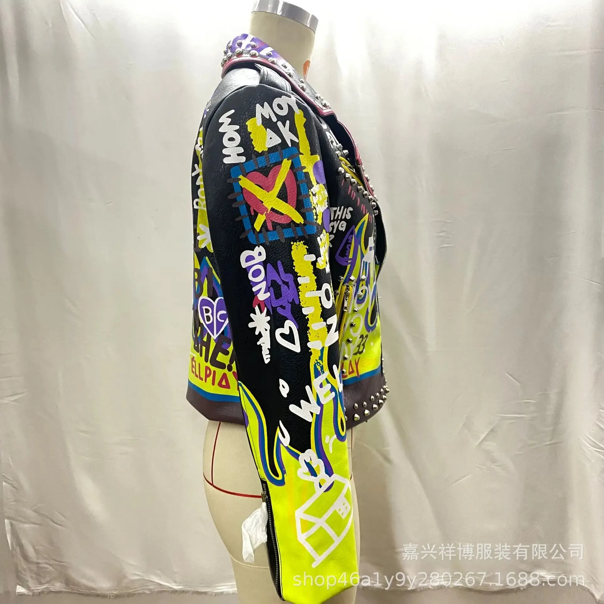 4XL fashion graffiti beading Women pu Leather Jacket Punk Style Motorcycle embrodiery leather Jackets Coats Streetwear F803