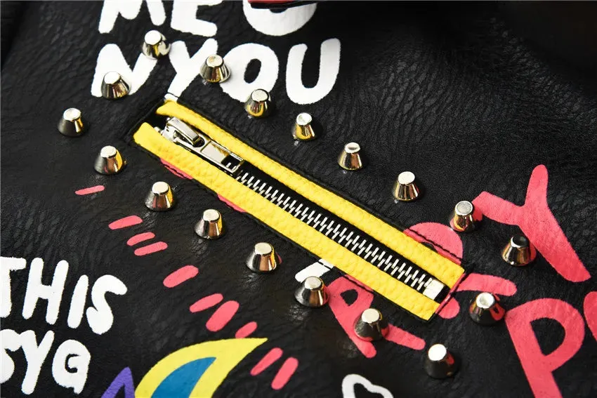 4XL fashion graffiti beading Women pu Leather Jacket Punk Style Motorcycle embrodiery leather Jackets Coats Streetwear F803