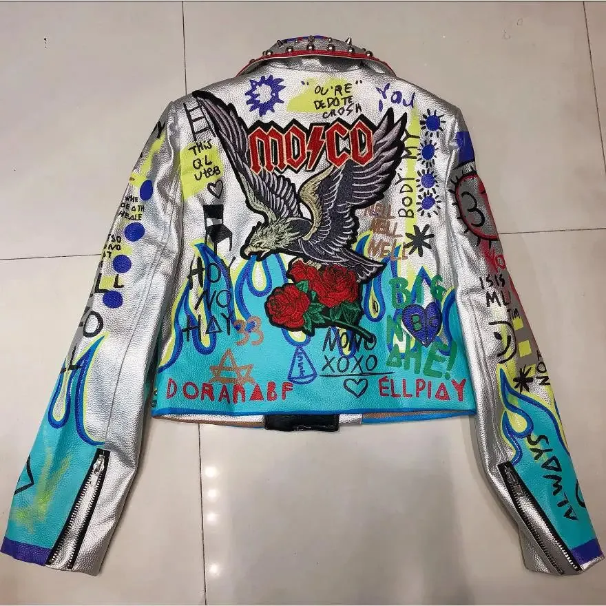 4XL fashion graffiti beading Women pu Leather Jacket Punk Style Motorcycle embrodiery leather Jackets Coats Streetwear F803
