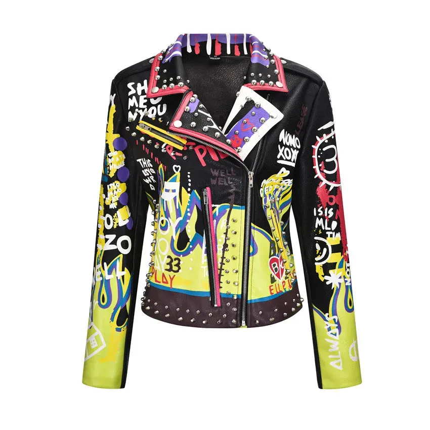 4XL fashion graffiti beading Women pu Leather Jacket Punk Style Motorcycle embrodiery leather Jackets Coats Streetwear F803