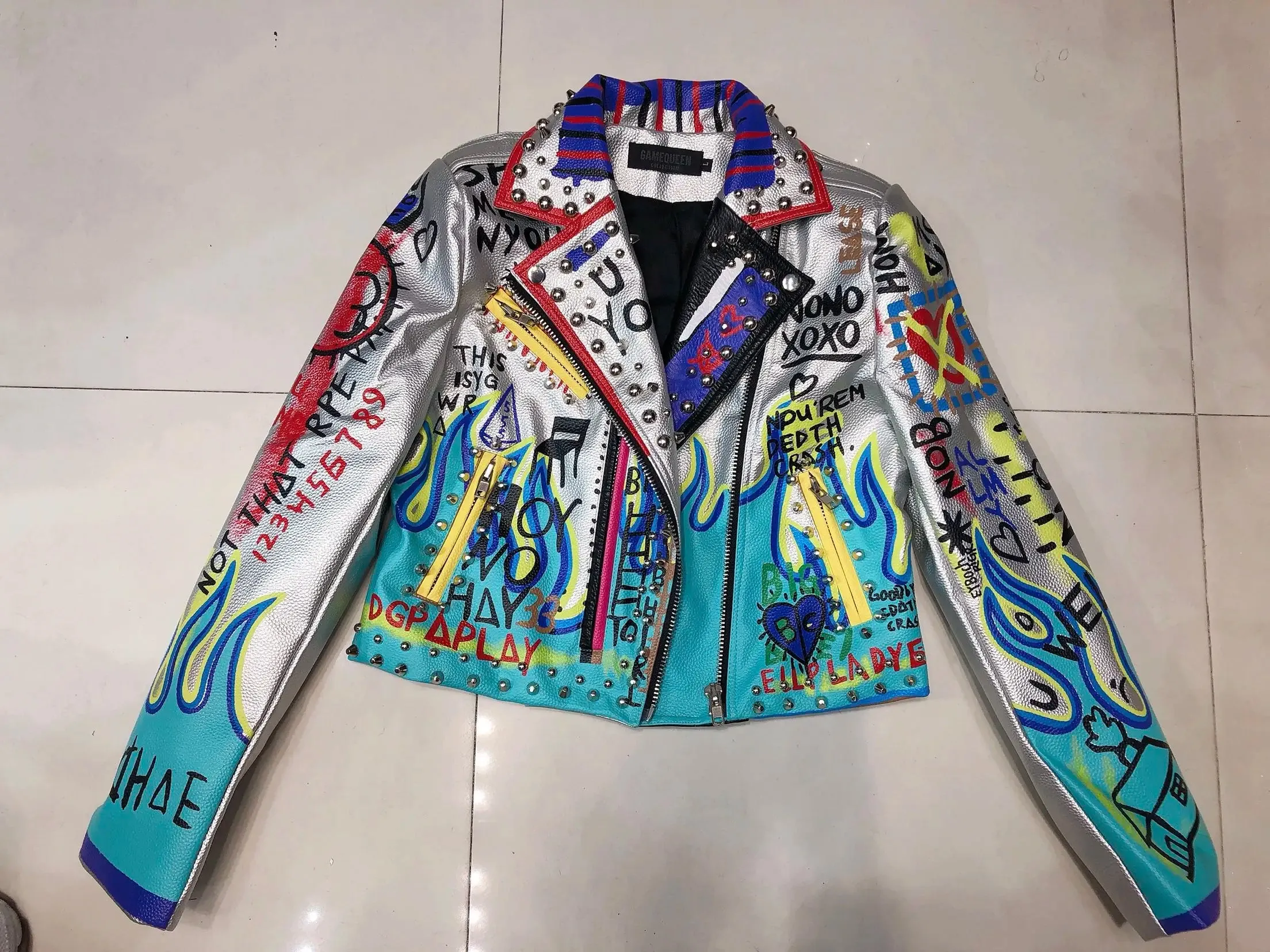 4XL fashion graffiti beading Women pu Leather Jacket Punk Style Motorcycle embrodiery leather Jackets Coats Streetwear F803