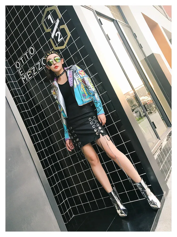 4XL fashion graffiti beading Women pu Leather Jacket Punk Style Motorcycle embrodiery leather Jackets Coats Streetwear F803