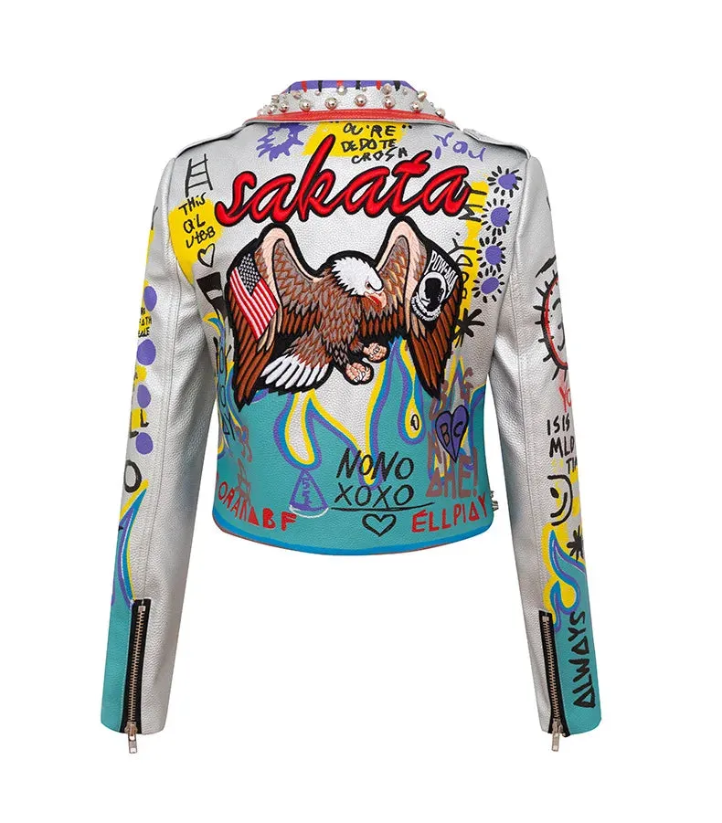 4XL fashion graffiti beading Women pu Leather Jacket Punk Style Motorcycle embrodiery leather Jackets Coats Streetwear F803