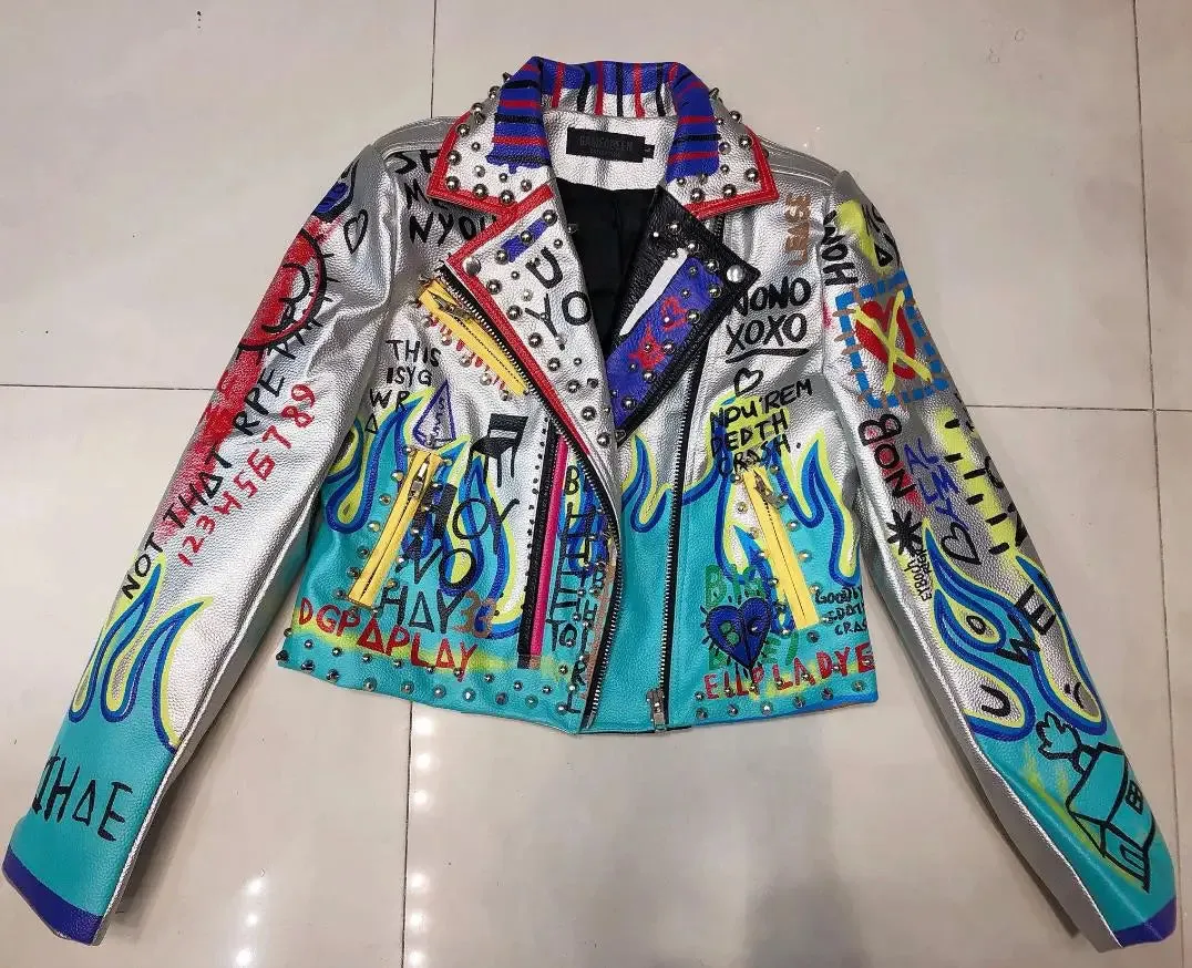 4XL fashion graffiti beading Women pu Leather Jacket Punk Style Motorcycle embrodiery leather Jackets Coats Streetwear F803