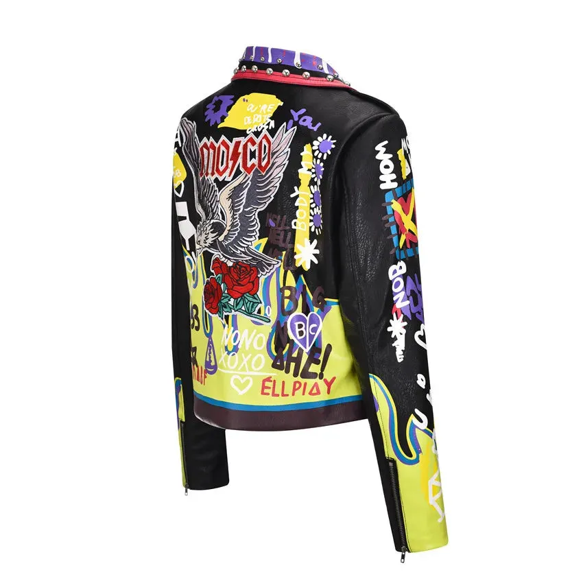 4XL fashion graffiti beading Women pu Leather Jacket Punk Style Motorcycle embrodiery leather Jackets Coats Streetwear F803