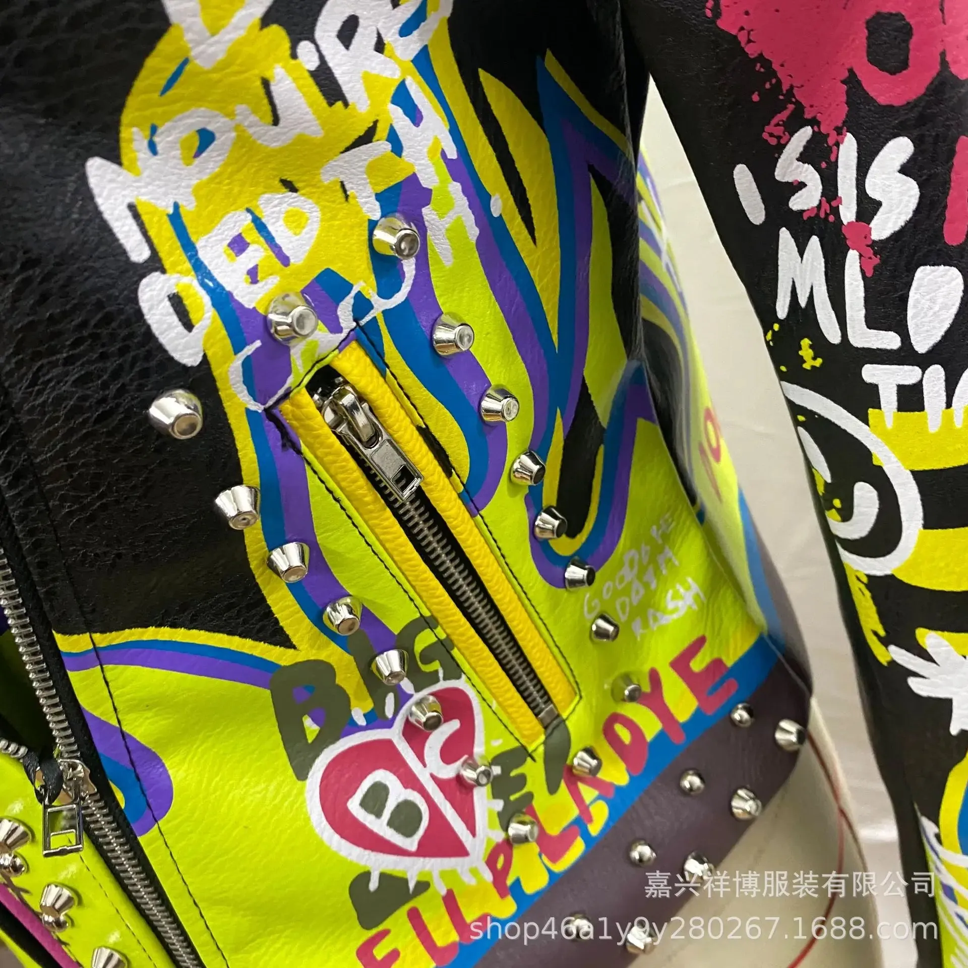 4XL fashion graffiti beading Women pu Leather Jacket Punk Style Motorcycle embrodiery leather Jackets Coats Streetwear F803