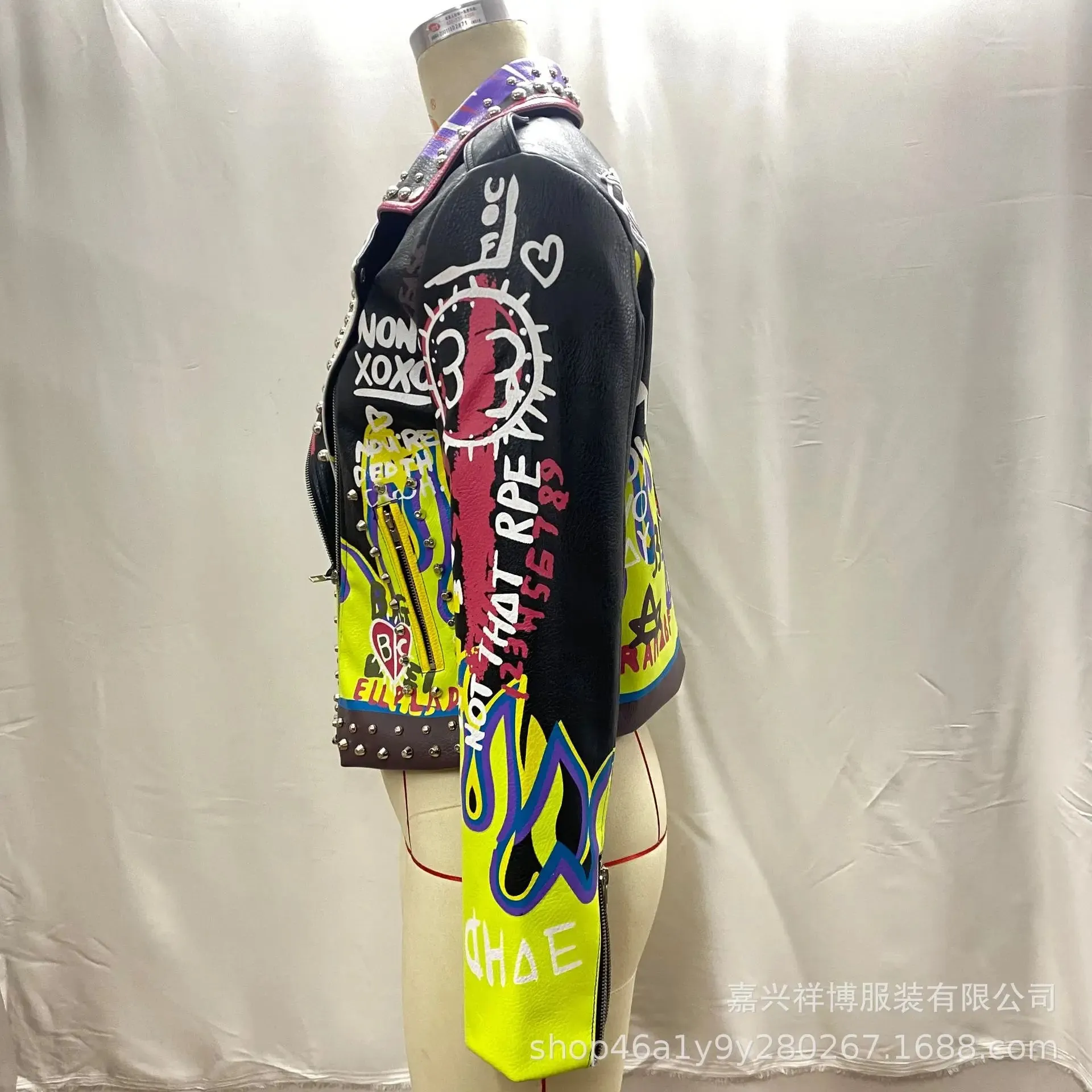 4XL fashion graffiti beading Women pu Leather Jacket Punk Style Motorcycle embrodiery leather Jackets Coats Streetwear F803
