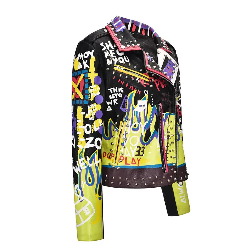 4XL fashion graffiti beading Women pu Leather Jacket Punk Style Motorcycle embrodiery leather Jackets Coats Streetwear F803