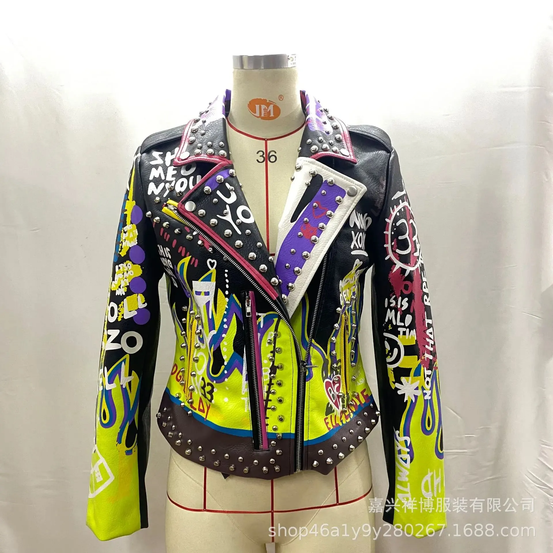 4XL fashion graffiti beading Women pu Leather Jacket Punk Style Motorcycle embrodiery leather Jackets Coats Streetwear F803