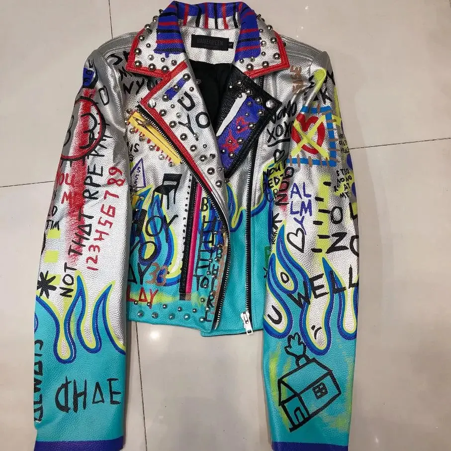 4XL fashion graffiti beading Women pu Leather Jacket Punk Style Motorcycle embrodiery leather Jackets Coats Streetwear F803