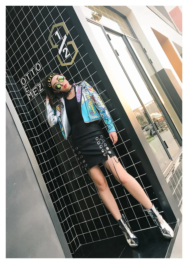 4XL fashion graffiti beading Women pu Leather Jacket Punk Style Motorcycle embrodiery leather Jackets Coats Streetwear F803