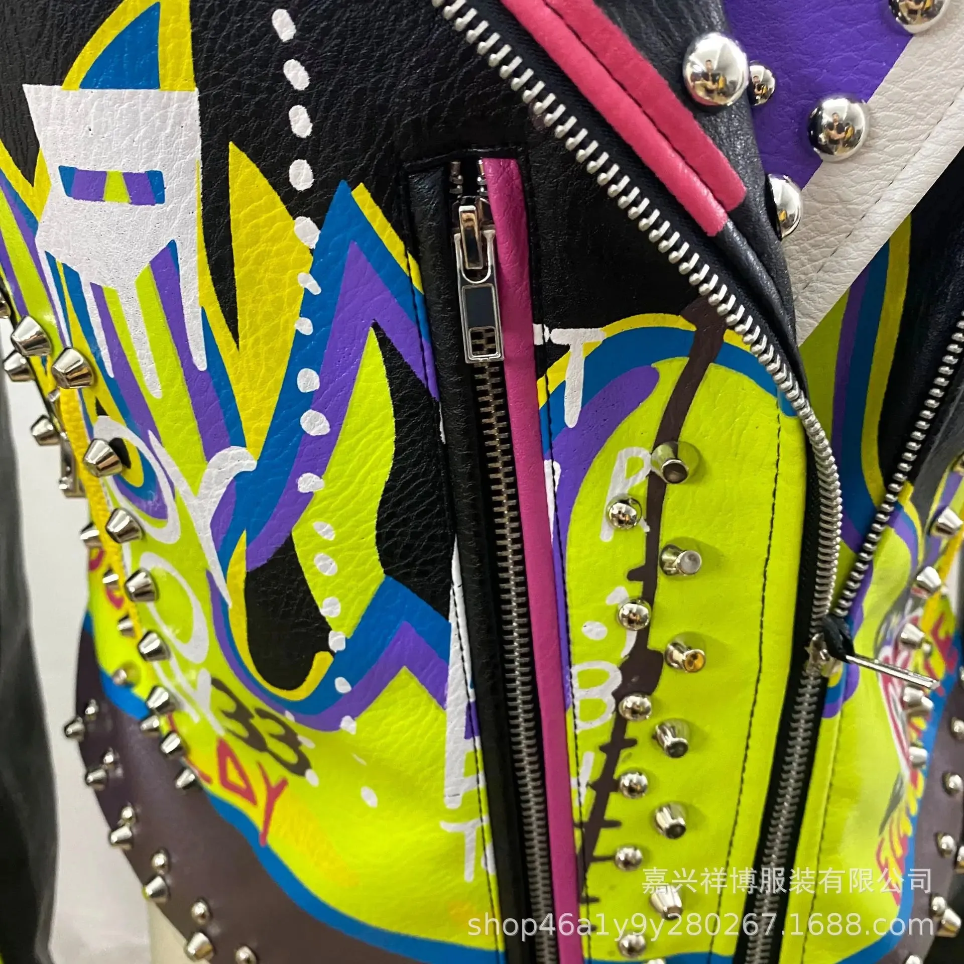 4XL fashion graffiti beading Women pu Leather Jacket Punk Style Motorcycle embrodiery leather Jackets Coats Streetwear F803