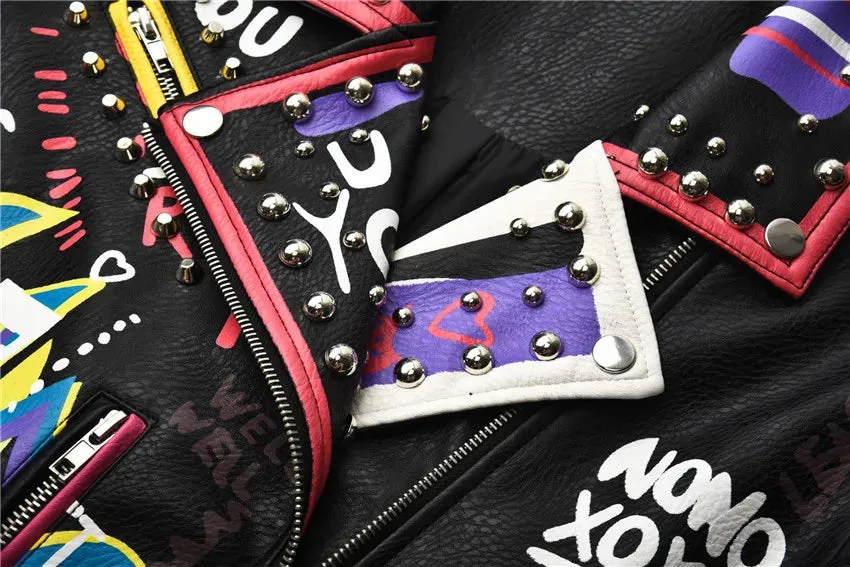 4XL fashion graffiti beading Women pu Leather Jacket Punk Style Motorcycle embrodiery leather Jackets Coats Streetwear F803