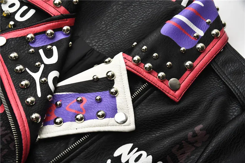 4XL fashion graffiti beading Women pu Leather Jacket Punk Style Motorcycle embrodiery leather Jackets Coats Streetwear F803