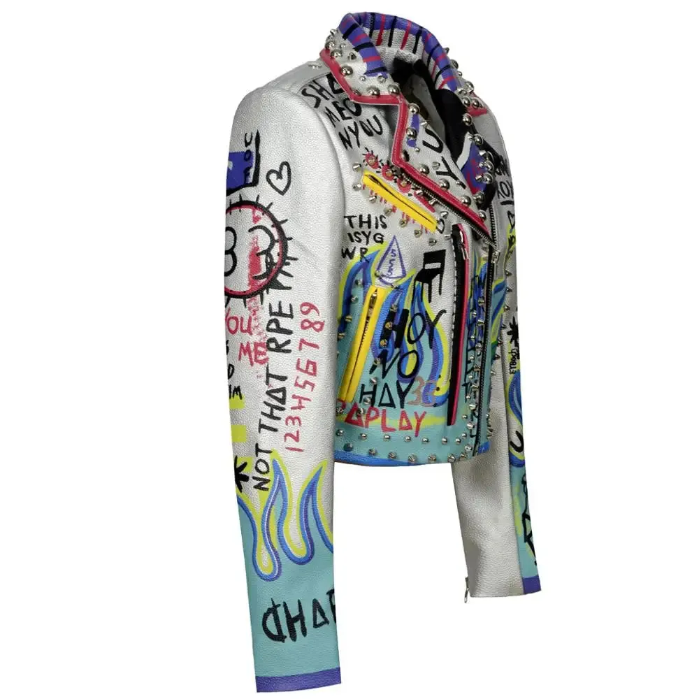 4XL fashion graffiti beading Women pu Leather Jacket Punk Style Motorcycle embrodiery leather Jackets Coats Streetwear F803