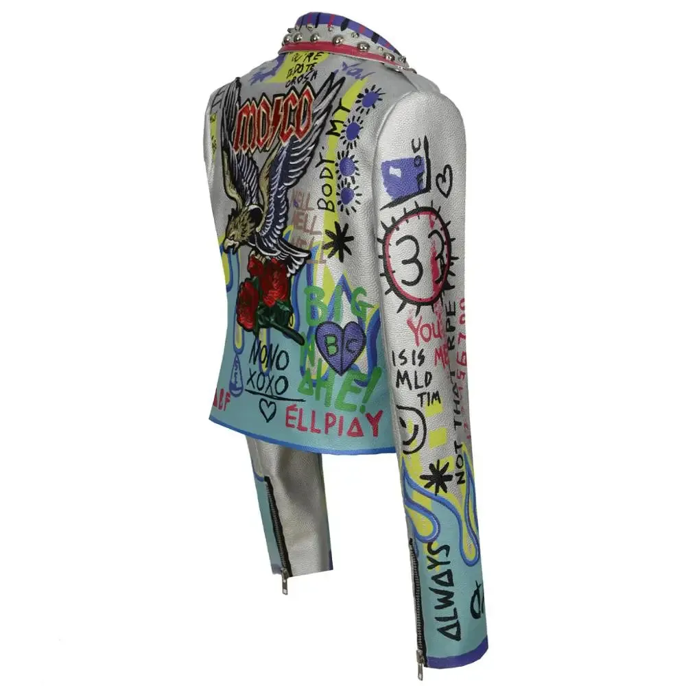 4XL fashion graffiti beading Women pu Leather Jacket Punk Style Motorcycle embrodiery leather Jackets Coats Streetwear F803