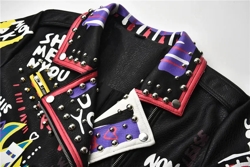 4XL fashion graffiti beading Women pu Leather Jacket Punk Style Motorcycle embrodiery leather Jackets Coats Streetwear F803