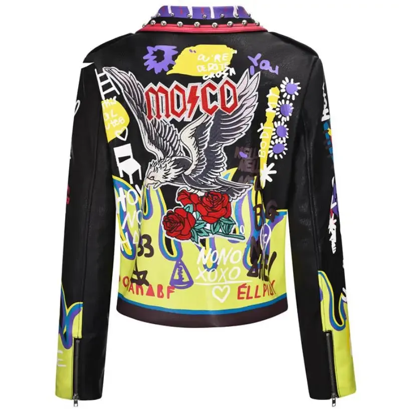 4XL fashion graffiti beading Women pu Leather Jacket Punk Style Motorcycle embrodiery leather Jackets Coats Streetwear F803