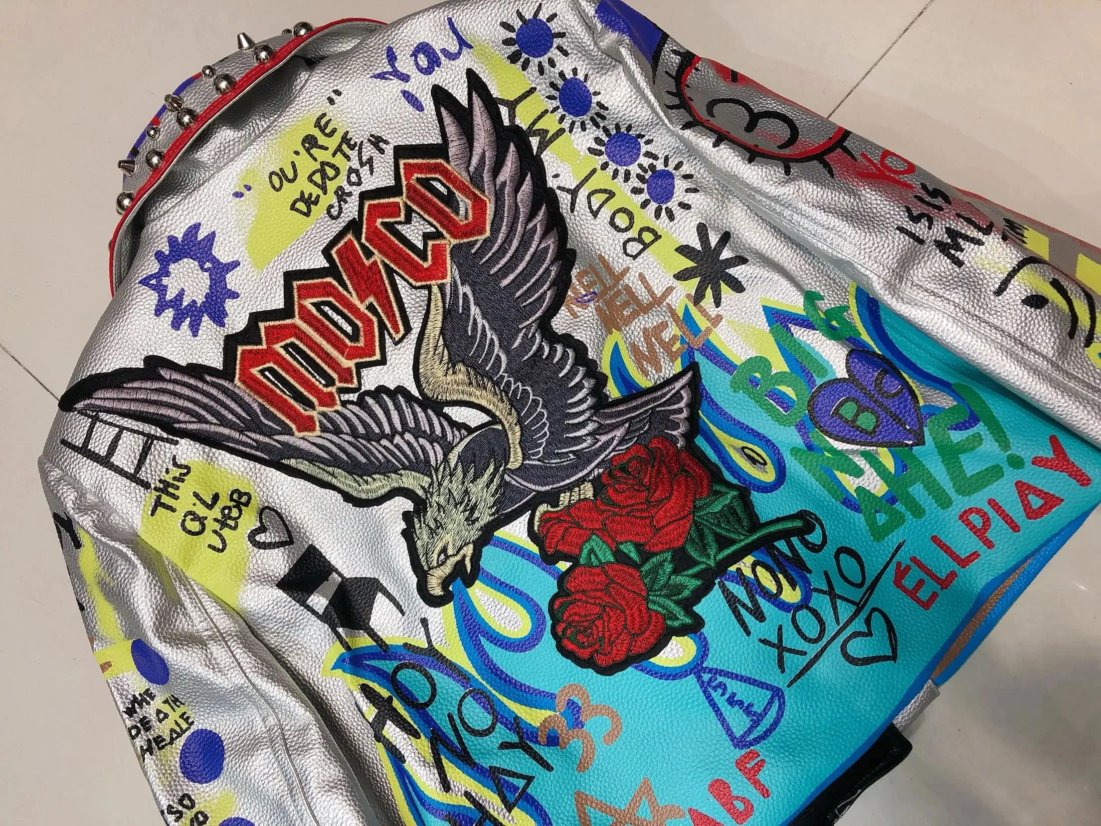 4XL fashion graffiti beading Women pu Leather Jacket Punk Style Motorcycle embrodiery leather Jackets Coats Streetwear F803