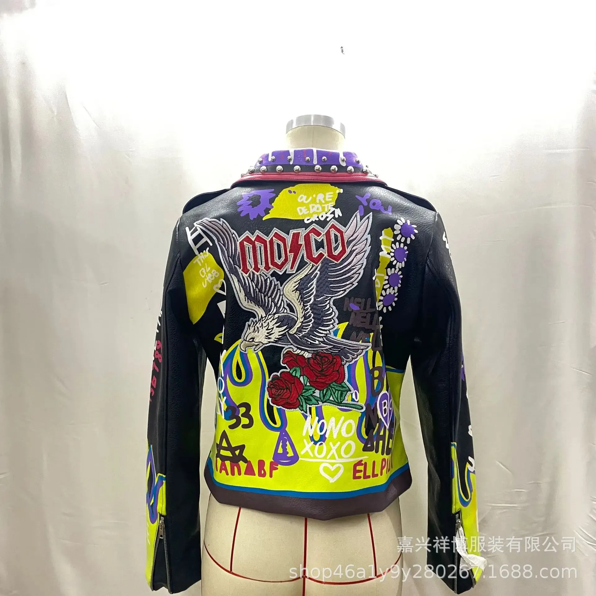 4XL fashion graffiti beading Women pu Leather Jacket Punk Style Motorcycle embrodiery leather Jackets Coats Streetwear F803