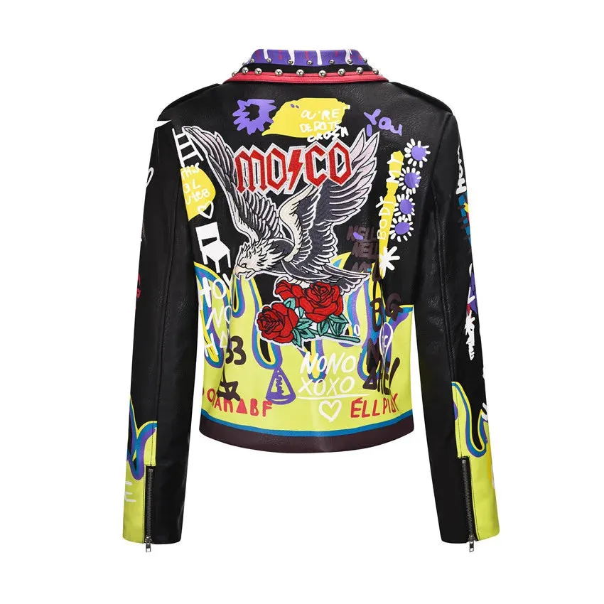 4XL fashion graffiti beading Women pu Leather Jacket Punk Style Motorcycle embrodiery leather Jackets Coats Streetwear F803