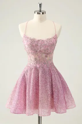 A Line Beaded Corset Short Homecoming Dress with Appliques Dark Pink Sparkly