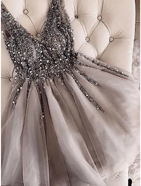 A-Line Short / Mini Homecoming Dresses Sparkle & Shine Dress Party Wear Sleeveless V Neck Tulle with Glitter