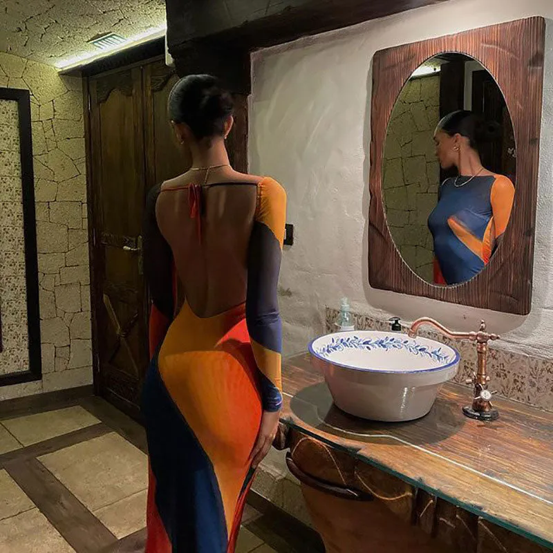 Abstract Boat Neck Long Sleeve Fishtail Maxi Dress - Multicolor