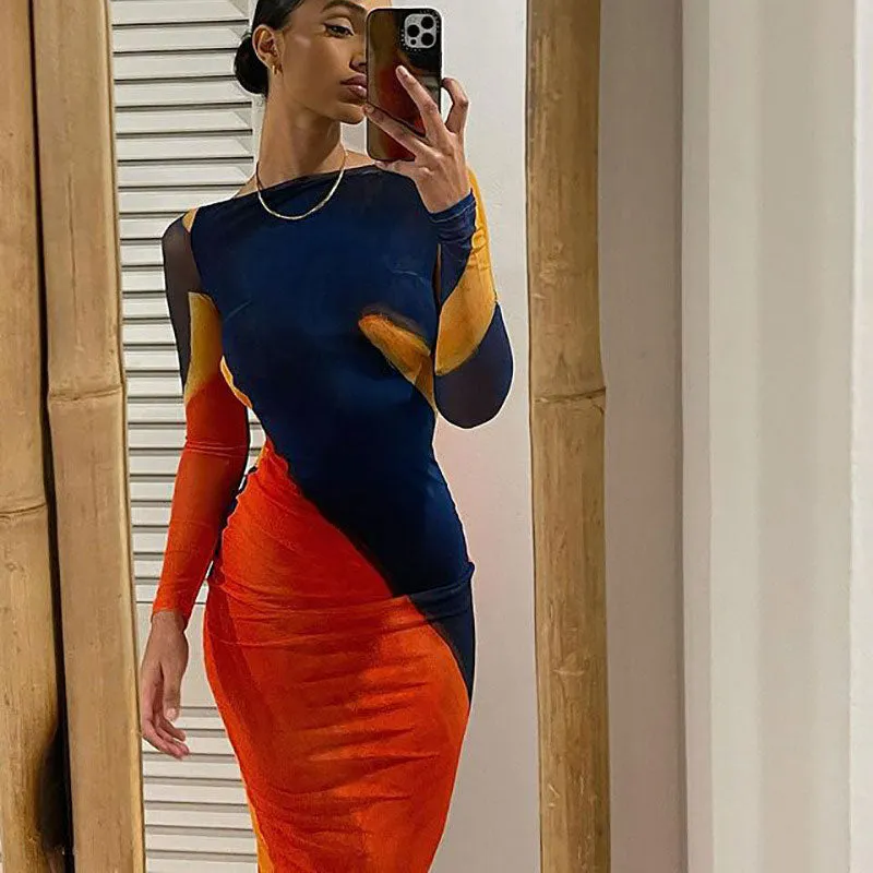 Abstract Boat Neck Long Sleeve Fishtail Maxi Dress - Multicolor