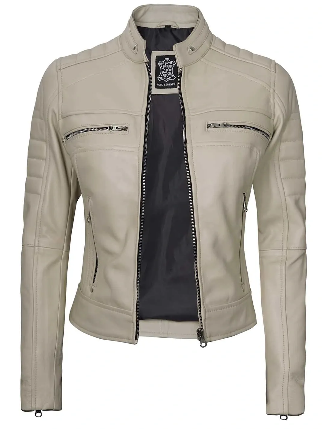 Austin Women Beige Cafe Racer Leather Jacket