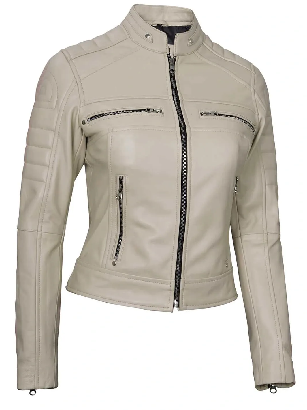 Austin Women Beige Cafe Racer Leather Jacket