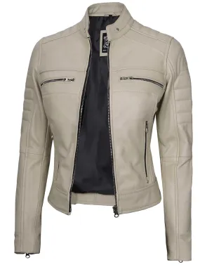 Austin Women Beige Cafe Racer Leather Jacket