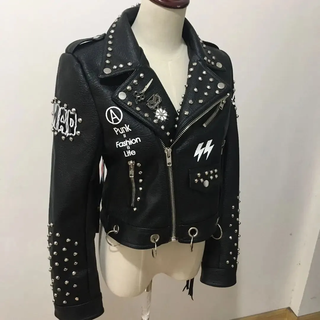 Autumn spring graffiti studs beading pu Leather Jacket female Punk Style Motorcycle tassel leather Jackets Coats Streetwear F802