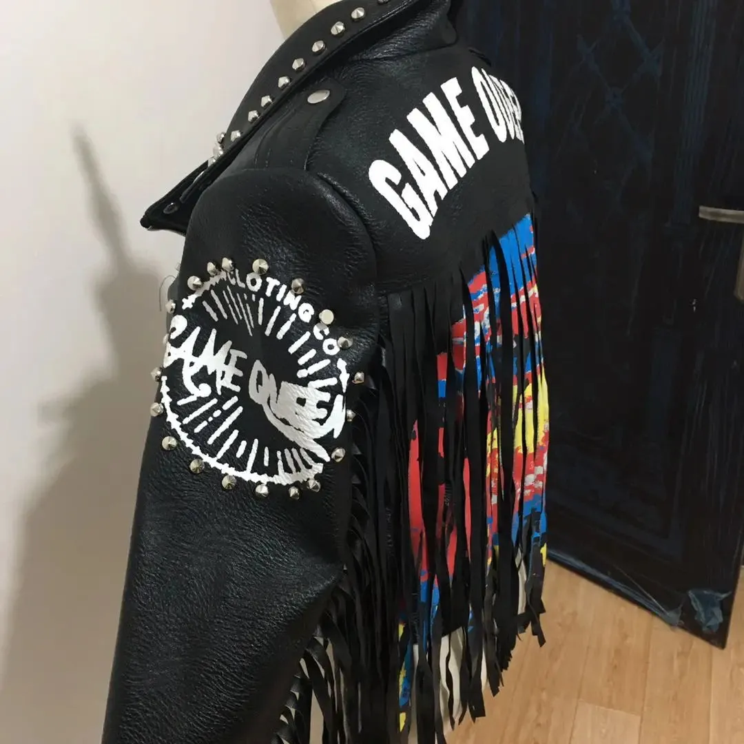 Autumn spring graffiti studs beading pu Leather Jacket female Punk Style Motorcycle tassel leather Jackets Coats Streetwear F802