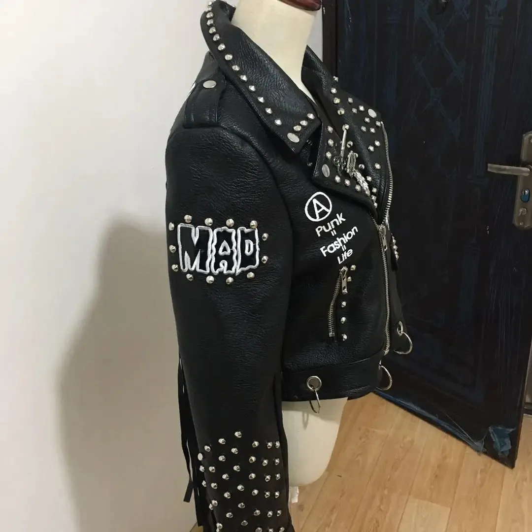 Autumn spring graffiti studs beading pu Leather Jacket female Punk Style Motorcycle tassel leather Jackets Coats Streetwear F802