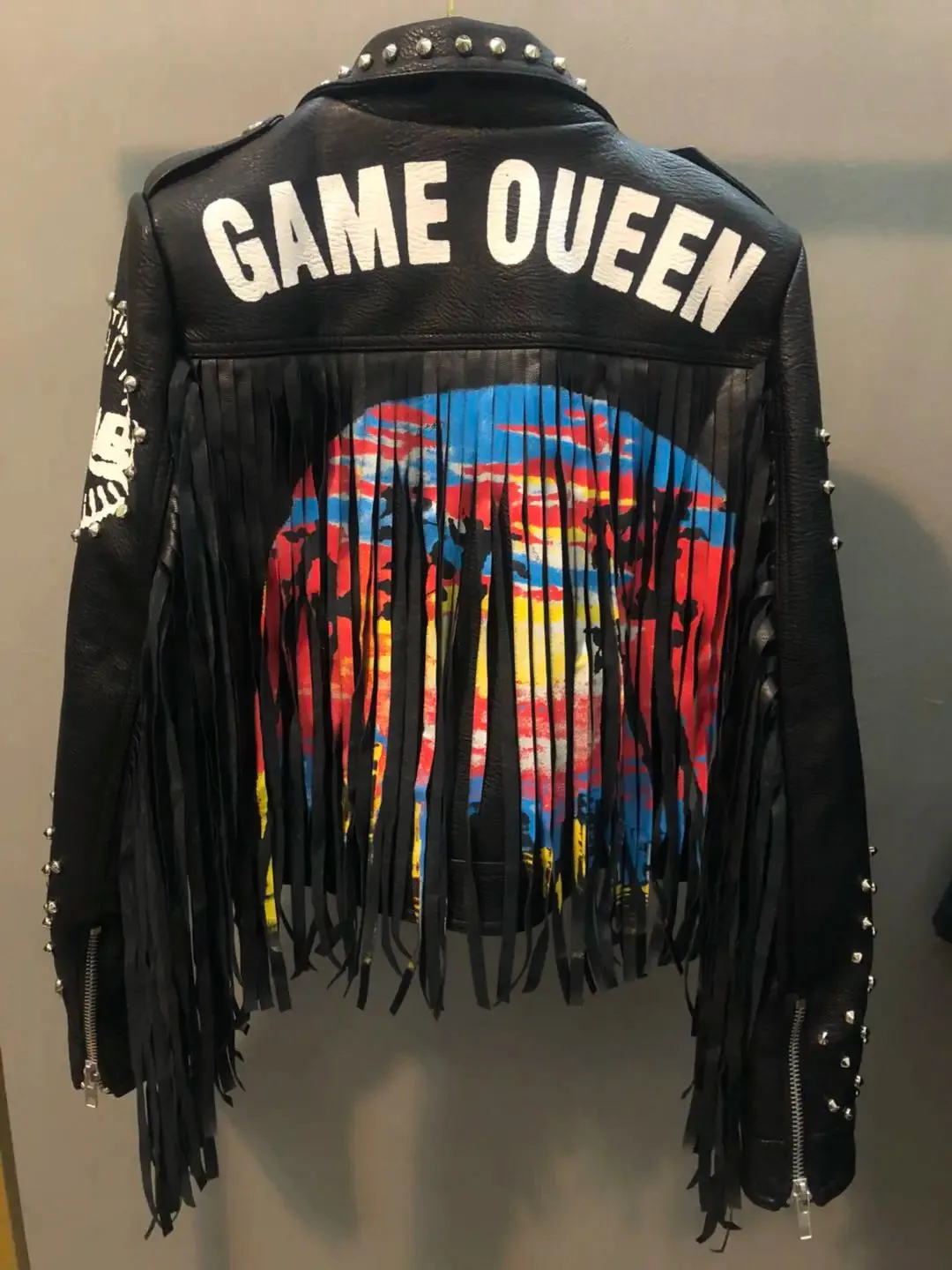 Autumn spring graffiti studs beading pu Leather Jacket female Punk Style Motorcycle tassel leather Jackets Coats Streetwear F802