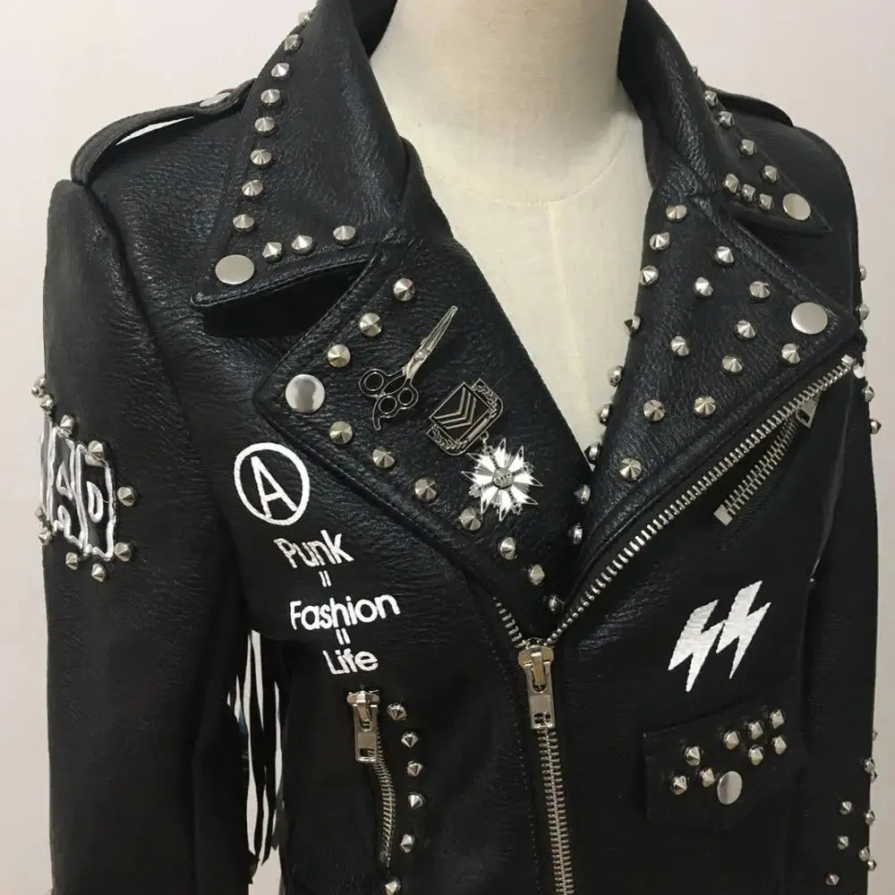 Autumn spring graffiti studs beading pu Leather Jacket female Punk Style Motorcycle tassel leather Jackets Coats Streetwear F802