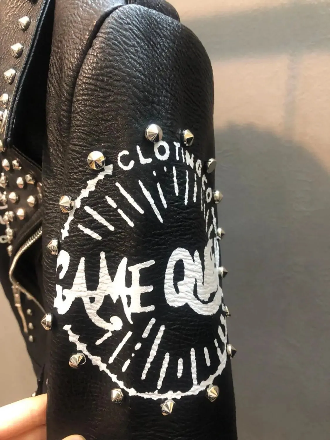 Autumn spring graffiti studs beading pu Leather Jacket female Punk Style Motorcycle tassel leather Jackets Coats Streetwear F802