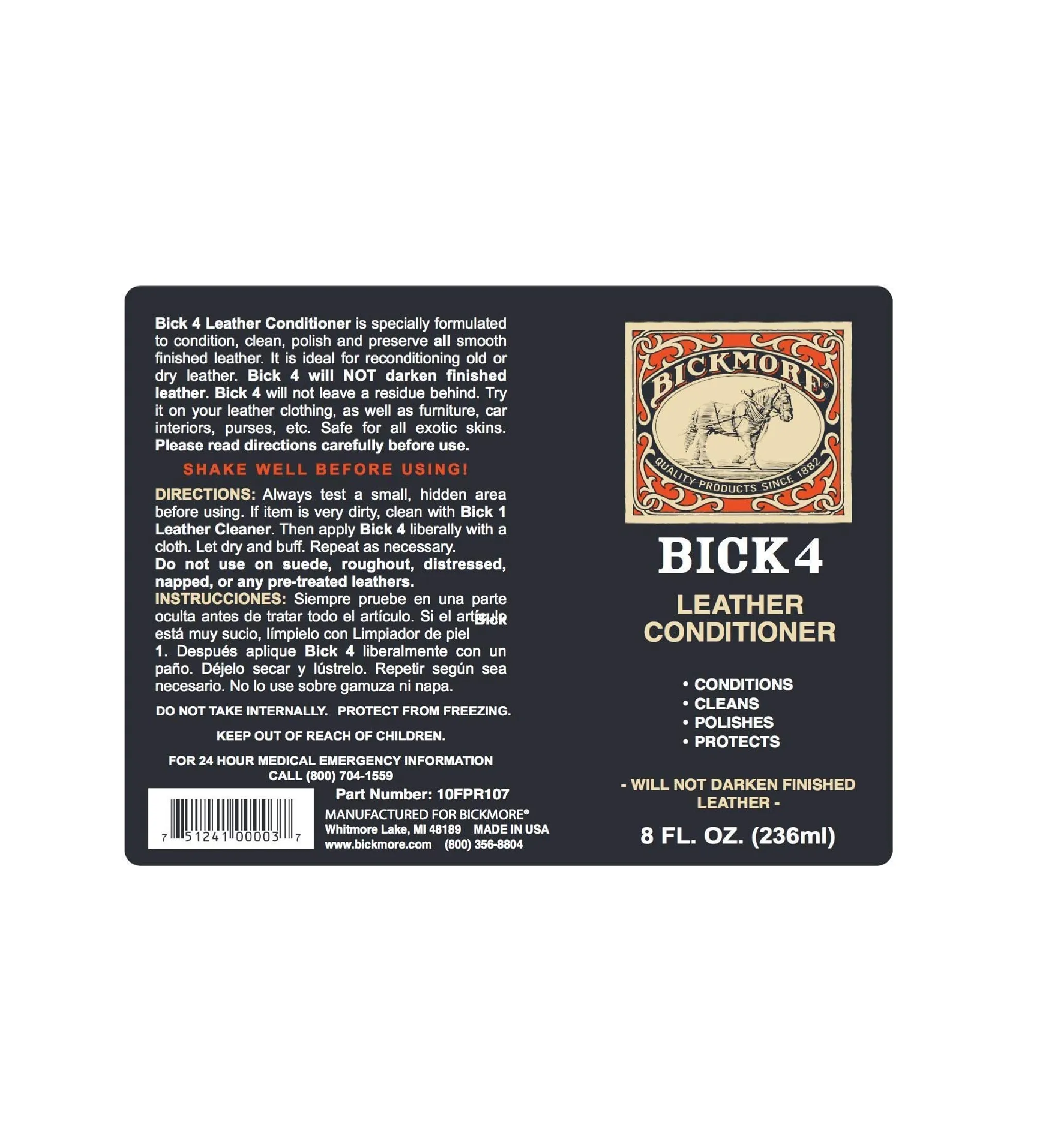 Bick 4 Leather Conditioner and Leather Cleaner 8 oz - Will Not Darken Leather - Safe For All Colors of Leather Apparel Furniture Jackets Shoes