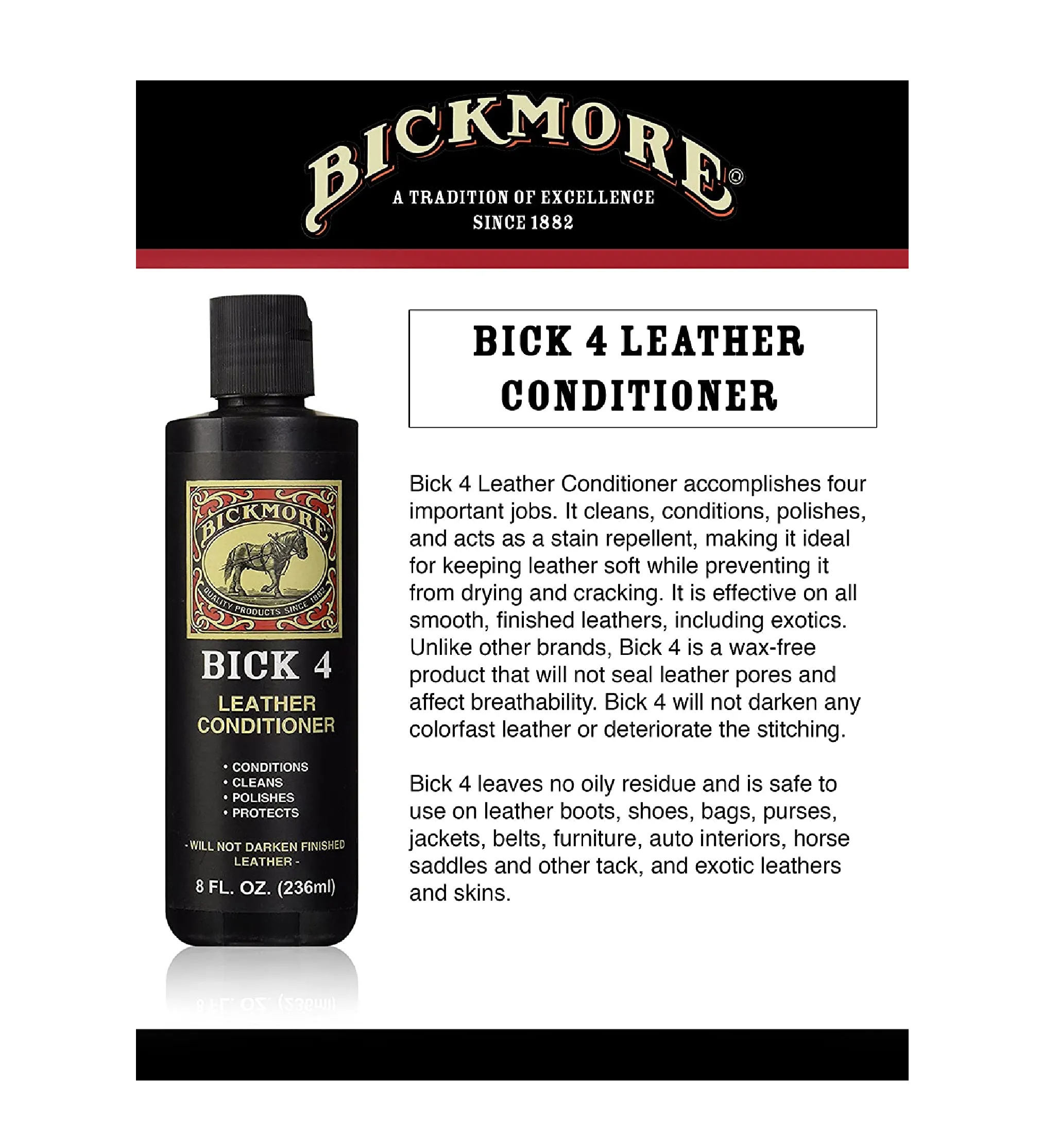 Bick 4 Leather Conditioner and Leather Cleaner 8 oz - Will Not Darken Leather - Safe For All Colors of Leather Apparel Furniture Jackets Shoes