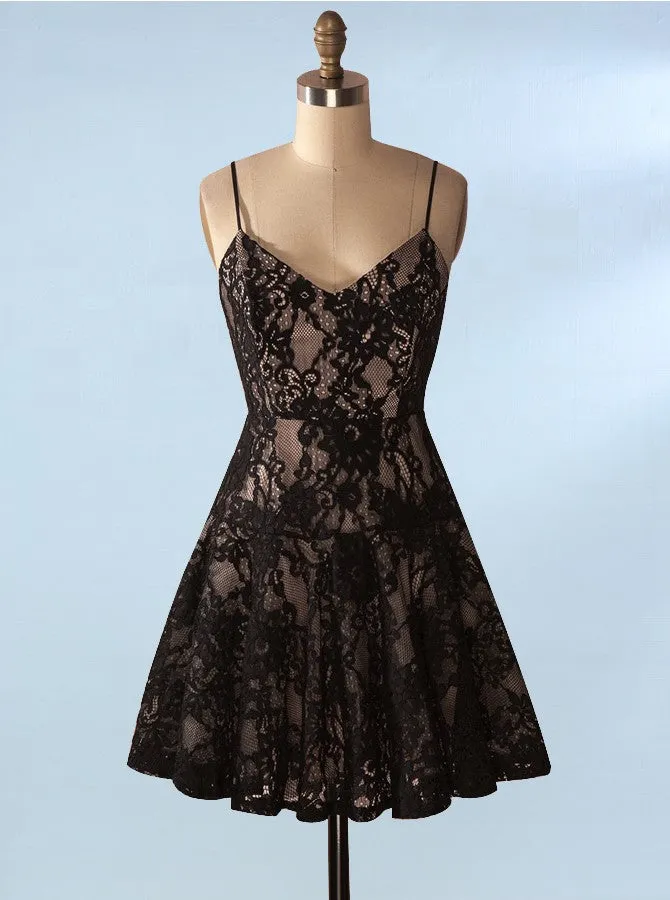 Black Cocktail Dresses,Lace Cocktail Dress,Spaghetti Straps Cocktail Dress,CD00061