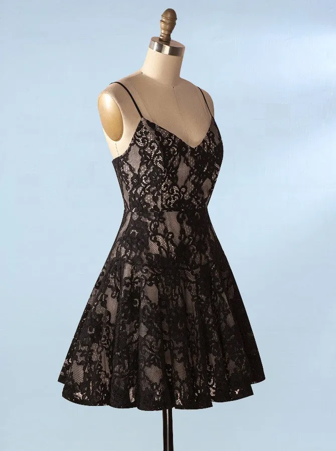 Black Cocktail Dresses,Lace Cocktail Dress,Spaghetti Straps Cocktail Dress,CD00061