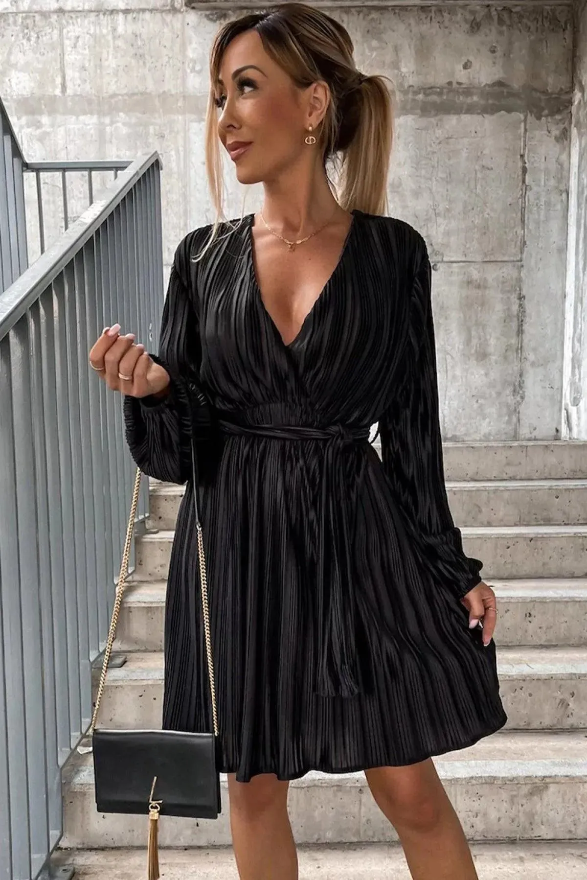 Black Surplice V Neck Pleated Dress With Belt