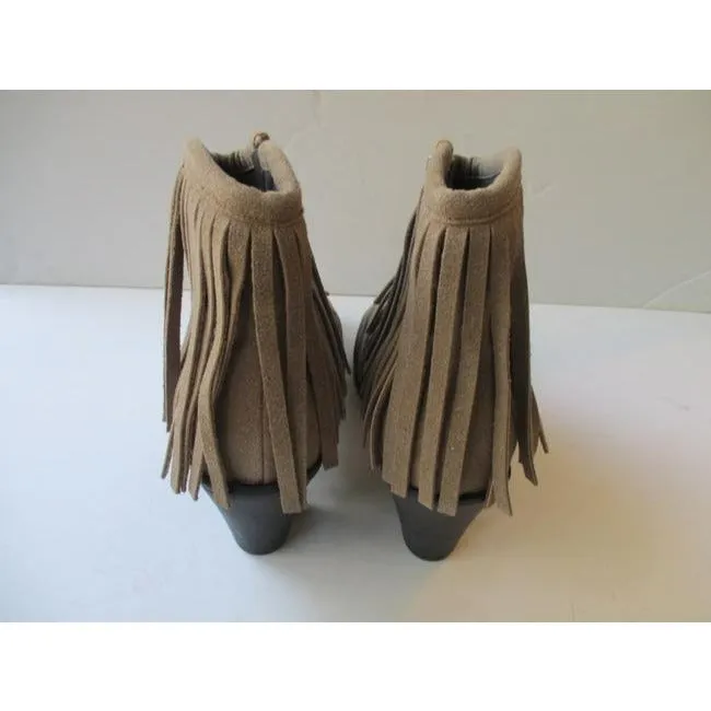Bucco Tan Suede Round Pointed Toe Fringe Ankle Bootsbooties Size Us