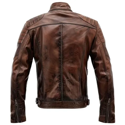 BUCK  SKIN Mens Distressed Brown Genuine Sheepskin Caf Racer Stand Collar Smooth Winterwear Multi Zipper Leather Jacket