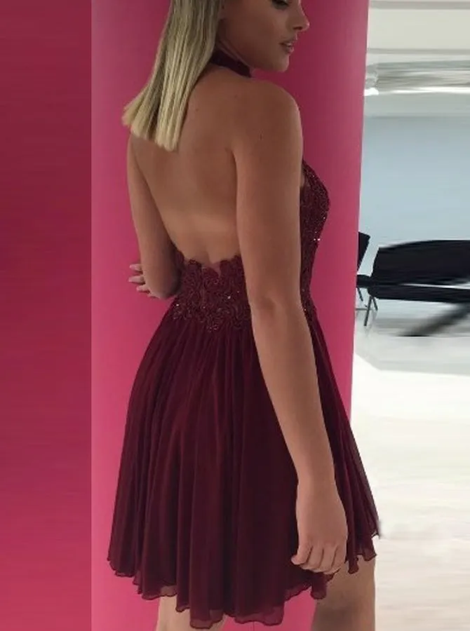 Burgundy Cocktail Dresses,Halter Cocktail Dress,Short Cocktail Dress,CD00045