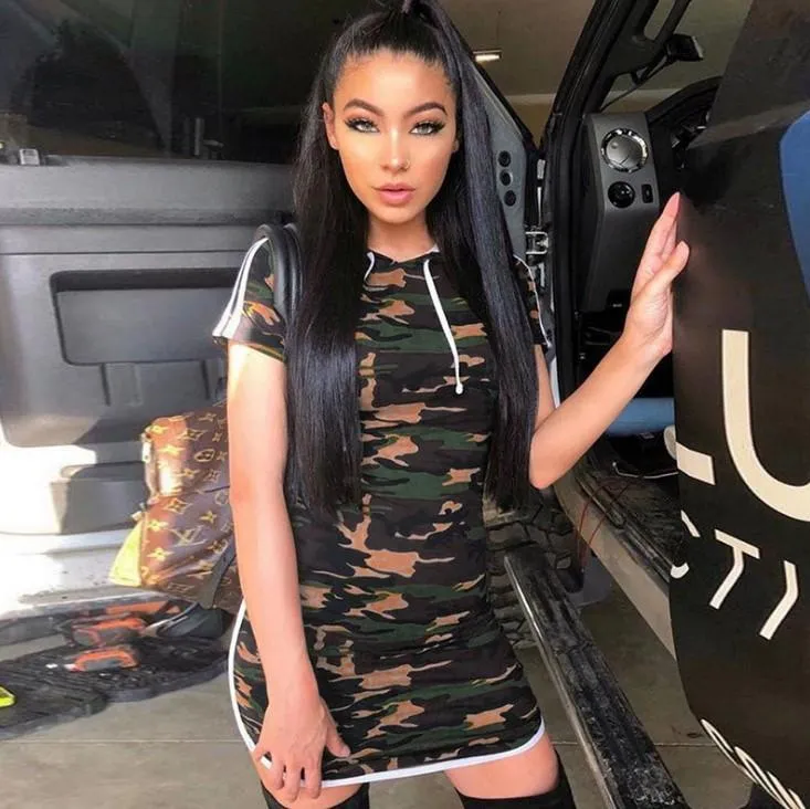 Camouflage Hooded Short Sleeve Mini Bodycon Dresses