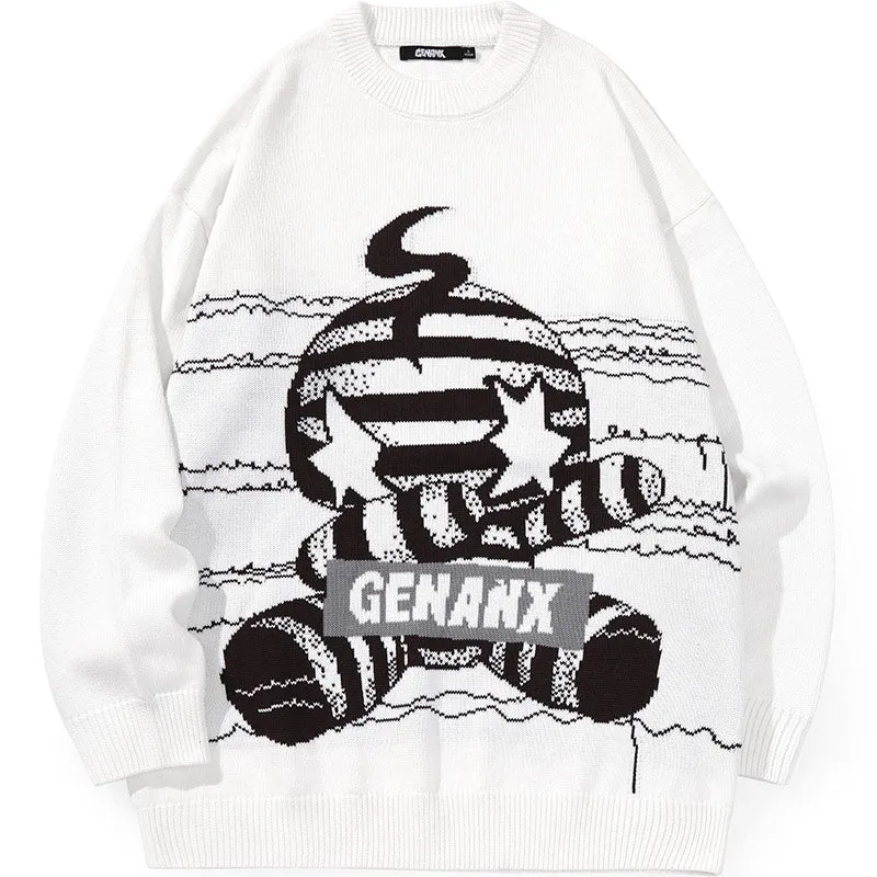 Cartoon Jacquard Hip Hop Street Crew Neck Sweater